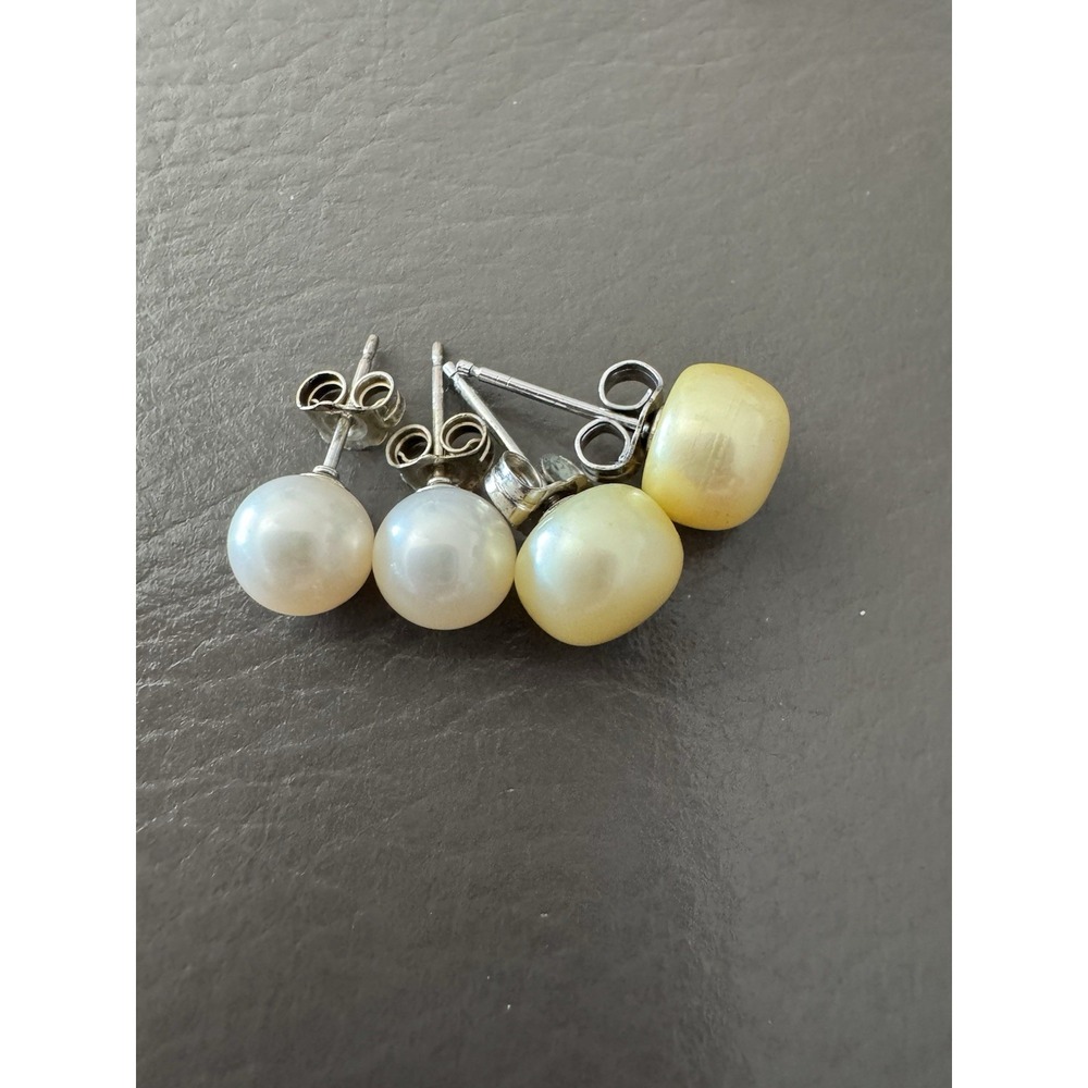 LOT 2 LARGE PAIR White Yellow PEARL EARRINGS STERLING SILVER